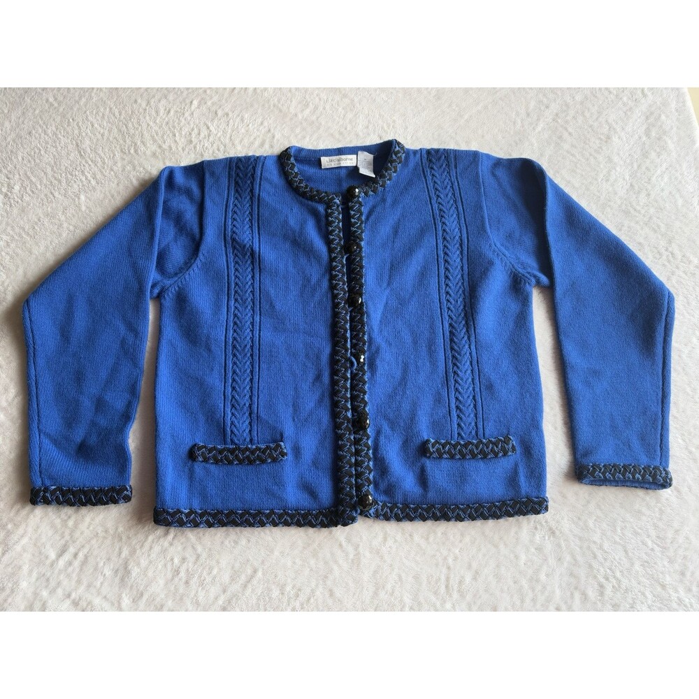 Liz Claiborne Blue Wool Blend Crewneck Cardigan Bottom/hook Size M
